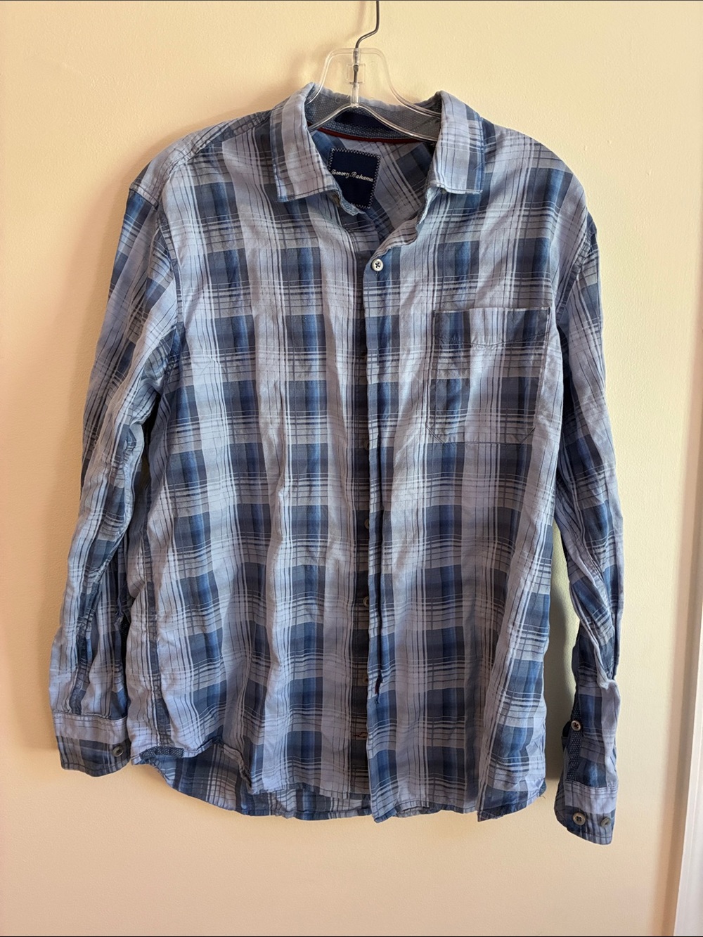 Tommy Bahama Navy and Light Blue Cotton Silk Plaid Button Front Shirt